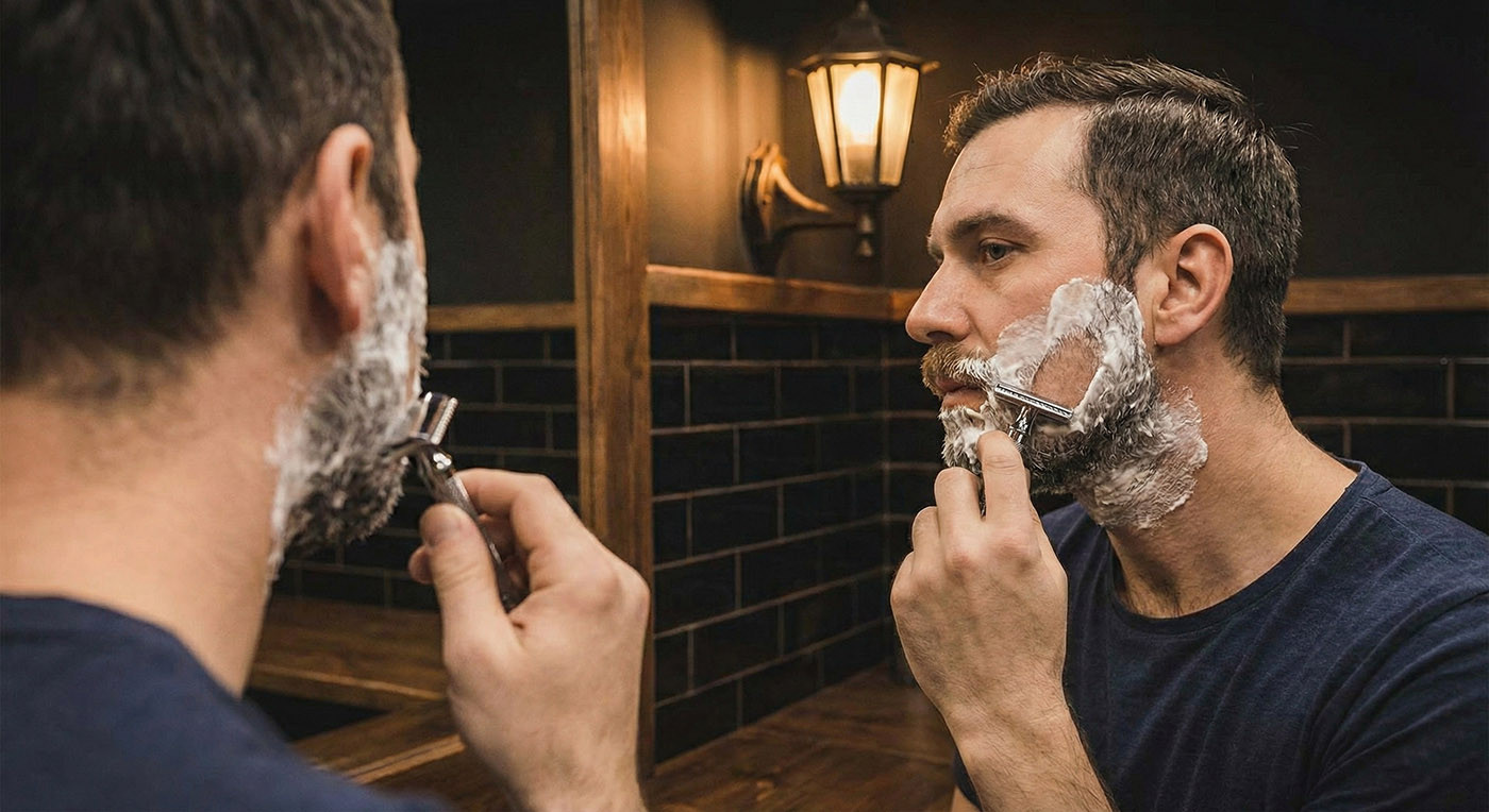 Biztonsági borotva helyes használata tükör előtt, precíz mozdulatokkal