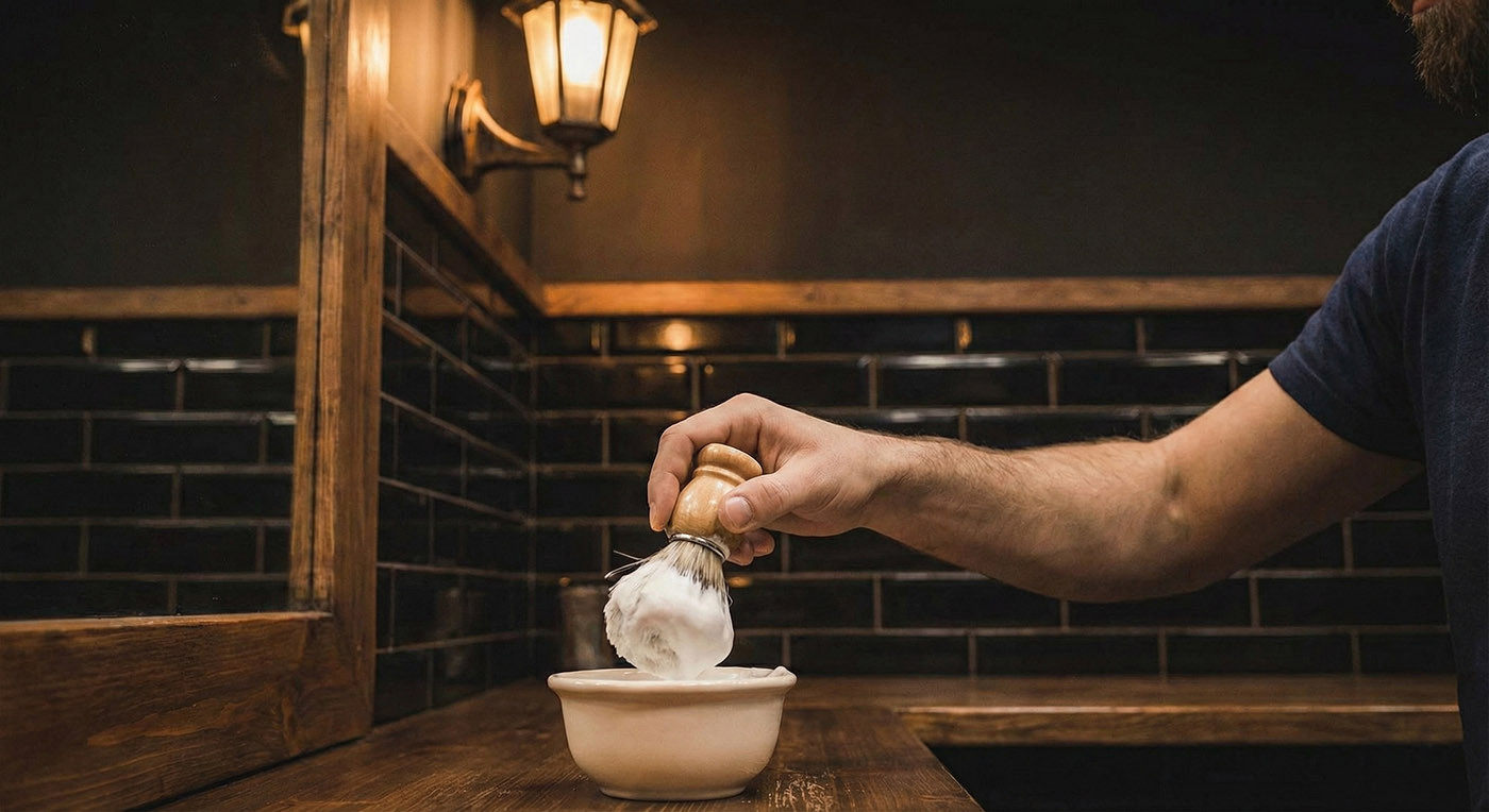 Sűrű borotvahab készítése pamaccsal és kerámia tálkával