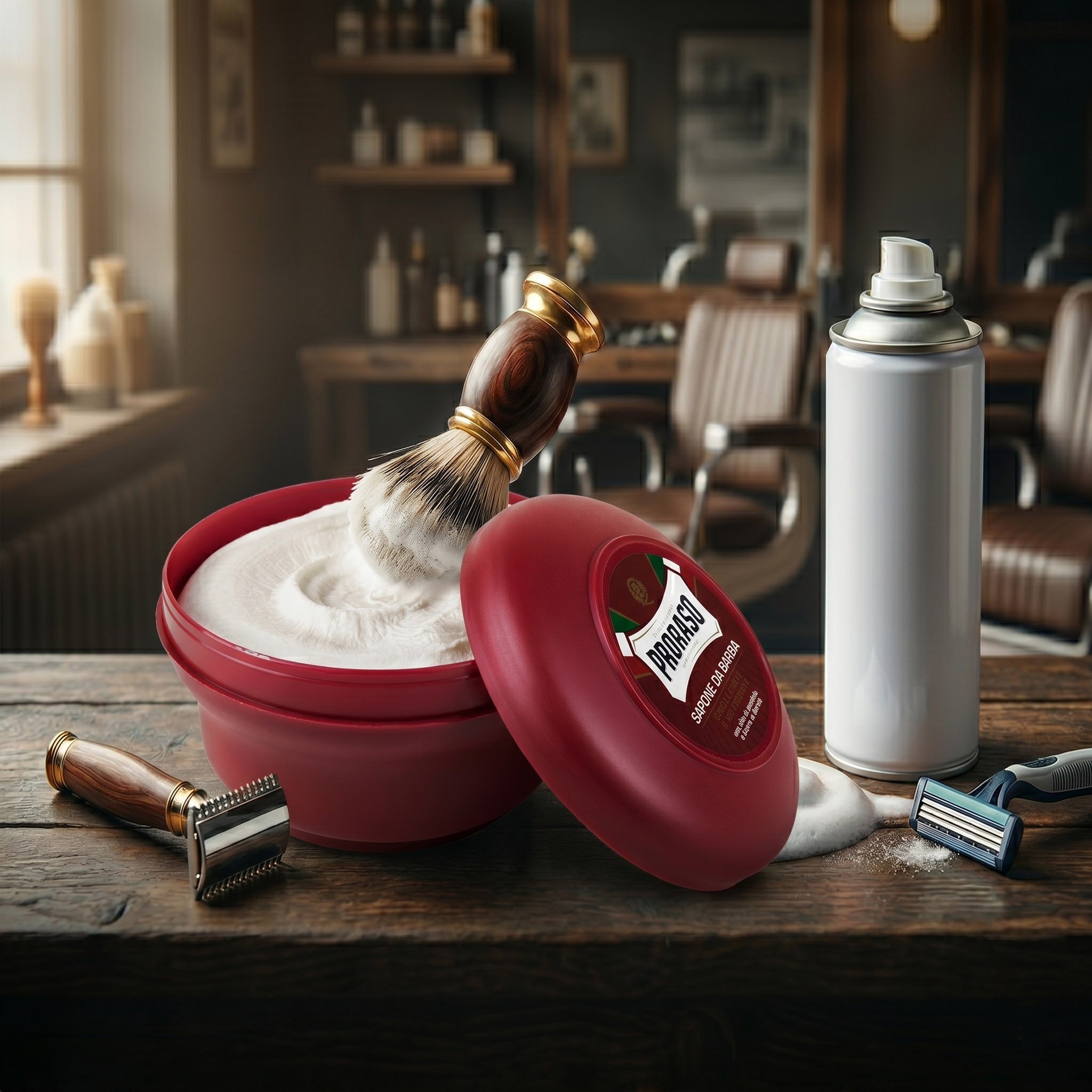 Borotvaszappan és pamacs használat közben