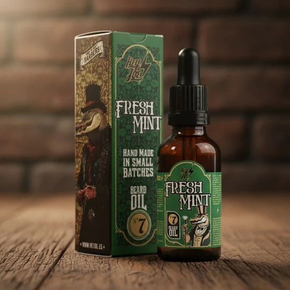 Hey Joe! Beard Oil No.7 Fresh Mint szakállolaj üvege menta levelekkel
