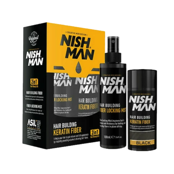 Nish Man Hair Building Keratin Fiber + Fiber Locking Mist Set (black) 20g+100ml
